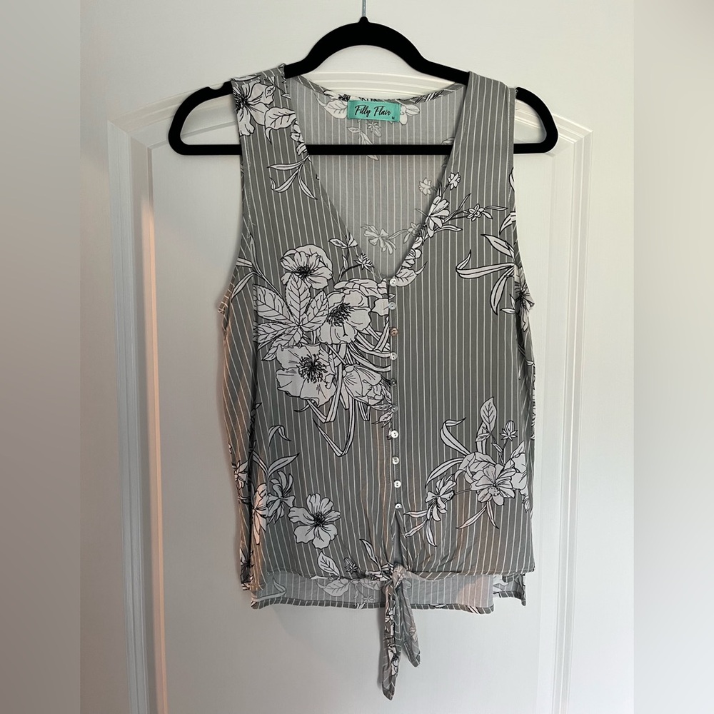 Filly Flair Gray and White Striped Floral Blouse
